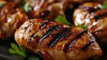 Detailed view of grilled chicken legs featuring a crispy exterior. photo