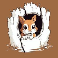 A cartoon squirrel peeking out of a hole in a tree vector