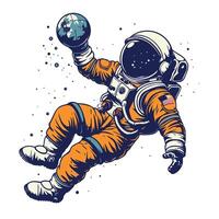 Astronaut floating in space with earth in his hand vector