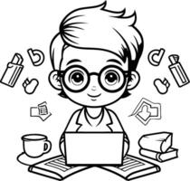 A boy with glasses and a laptop is working on his computer vector