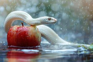 Exploring the Intricate Design of a White Snake Coiling Around an Apple with Symbolic Significance photo