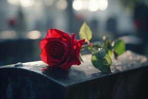 A single red rose resting on a gravestone at dusk photo