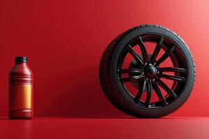 Creative display of a tire and bottle against bold red background photo
