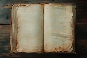 An ancient blank book resting on a rustic table photo