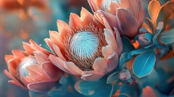 Ethereal charm of Australian protea flowers against a teal background. photo