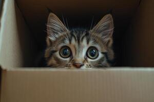Curious kitten peeks from a cardboard box at home photo