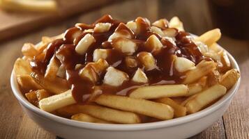 Detailed view of poutine, showcasing the signature Canadian comfort food. photo