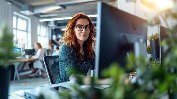 A Day in the Life Focused Redhead Working at a Modern Office Desk photo