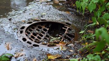 Broken drain cover on a sewer pipe with debris blocking the way. photo