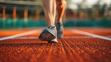 A Runner's Focus on the Track at Sunset photo