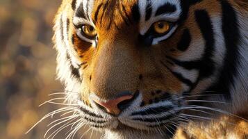 A close-up view showcasing the intricate details of a Bengal tiger. photo