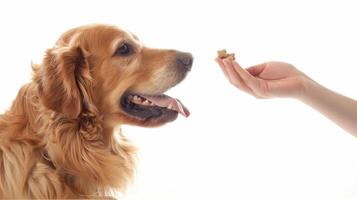 Golden Retriever Anticipates Treat In A Hand photo
