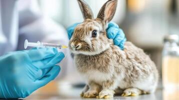Doctor administering a syringe injection to a rabbit. photo