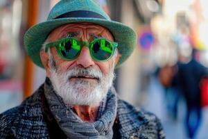 Elegant and Distinguished Older Gentleman Wearing Trendy Green-Tinted Sunglasses, Reflecting a Sophisticated Style photo