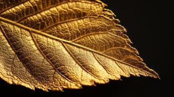 Close up view of a single gold leaf against a dark backdrop. photo