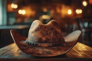 A rustic cowboy hat rests on an old wooden table photo