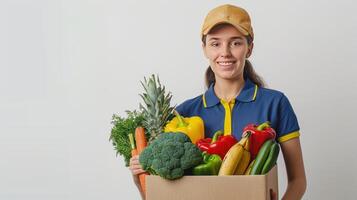 A Smiling Delivery Person Holds a Box Filled With Fresh Produce photo