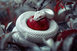 Exploring the Intricate Design of a White Snake Coiling Around an Apple with Symbolic Significance photo