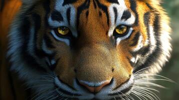 A close-up view showcasing the intricate details of a Bengal tiger. photo
