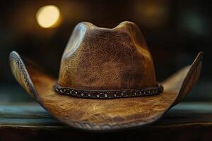 A rustic cowboy hat resting on a wooden table inside a warm barn photo