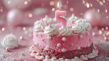 A Pink Celebration A Birthday Cake With a Single Candle Glowing in a Festive Setting photo