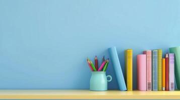 A Row of Colorful Books and Pencils on a Light Blue Wall photo