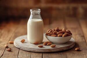Freshly poured almond milk accompanied by nuts on wood photo