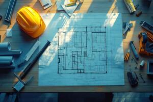 Blueprints and tools on a sunlit workbench in a workshop photo