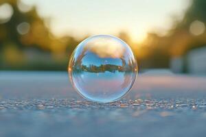 A delicate bubble reflecting the sunset's warm glow photo