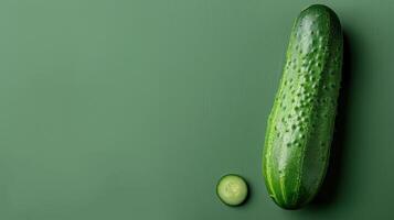 A Single Cucumber Sliced and Ready on a Green Background photo