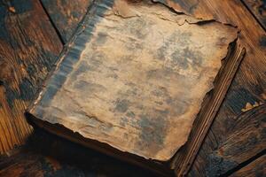 An ancient book resting on a rustic wooden table photo