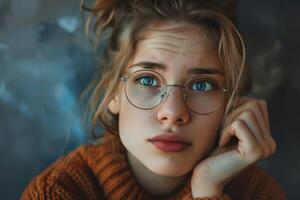 Inspired and Reflective Expression on a Young Woman Face, Highlighting a Sense of Deep Thought photo
