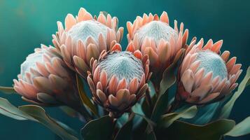 Ethereal charm of Australian protea flowers against a teal background. photo