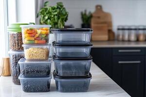Organized kitchen with stacked containers and fresh produce photo