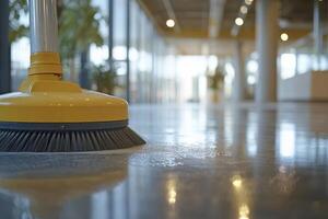Bright and clean workspace with polished floors and broom photo
