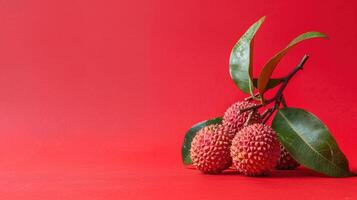 Lychee Branch on Vibrant Red Background photo