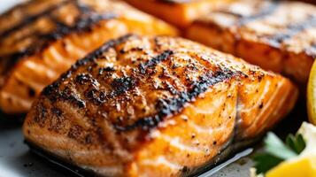 Detailed view of a grilled salmon fillet with a crispy exterior. photo
