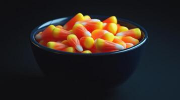 Halloween-themed bowl filled with candy corn in a dim light. photo