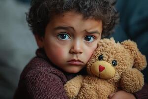 A child holding a bear gazes thoughtfully out of focus photo