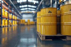 Yellow storage barrels lined in a bright warehouse space photo