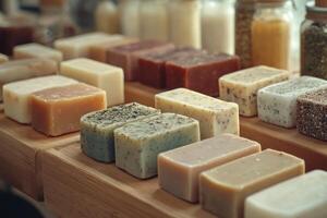 Artisan soap display with natural ingredients at local market photo