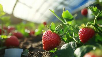 Growing strawberries inside a plastic greenhouse for optimal conditions. photo