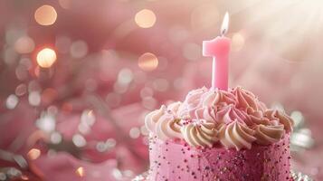 A Single Candle Glowing on a Pink Birthday Cake photo