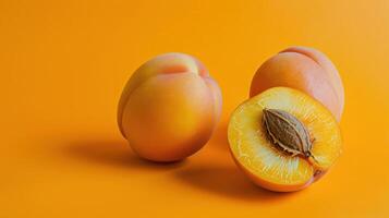 A Golden Glow Ripe Peach Halves Rest on a Vibrant Orange Background photo