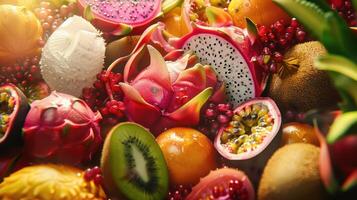A Tropical Feast of Colors and Textures Dragon Fruit, Passionfruit, Kiwi, and Pomegranate in a Summertime Still Life photo
