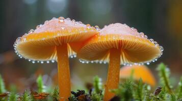 Orange Mushrooms with Dew Drops Glimmering Delicately photo