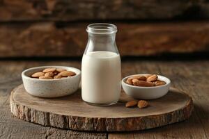 Almond milk in a rustic setting with nuts arranged photo