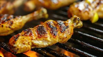 Detailed view of grilled chicken legs featuring a crispy exterior. photo
