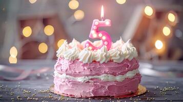 A Pink Birthday Cake With A Sparkling Number Five Candle photo