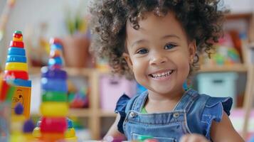 A Toddler's Bright Smile Lights Up a Playroom Filled With Toys photo